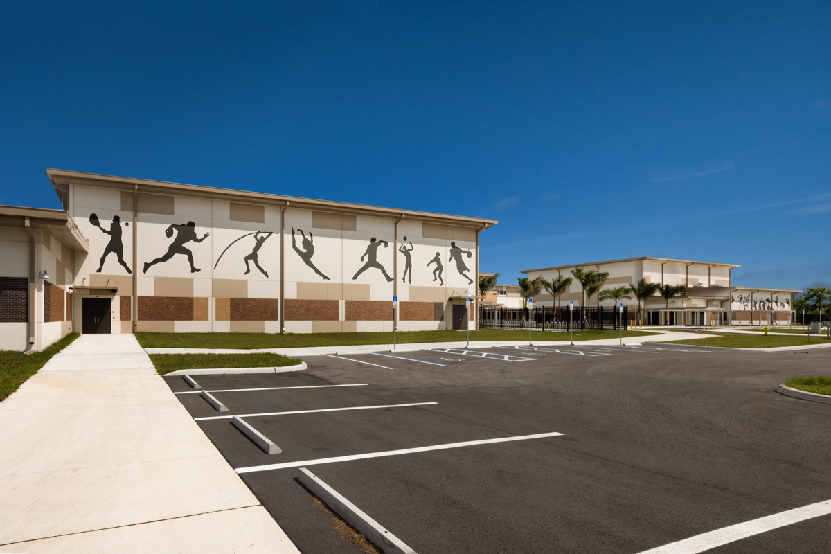 Architectural view of the Gateway High School gym building in Fort Myers, FL.
